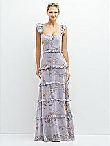 Front View Thumbnail - Butterfly Botanica Silver Dove Tiered Chiffon Maxi A-line Dress with Convertible Ruffle Straps