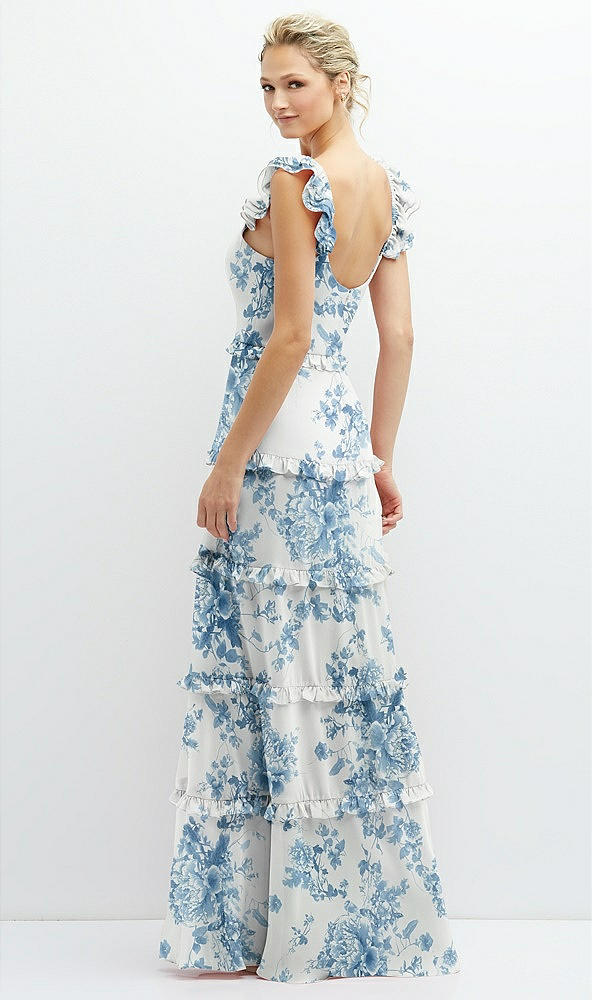 Back View - Cottage Rose Dusk Blue Tiered Chiffon Maxi A-line Dress with Convertible Ruffle Straps