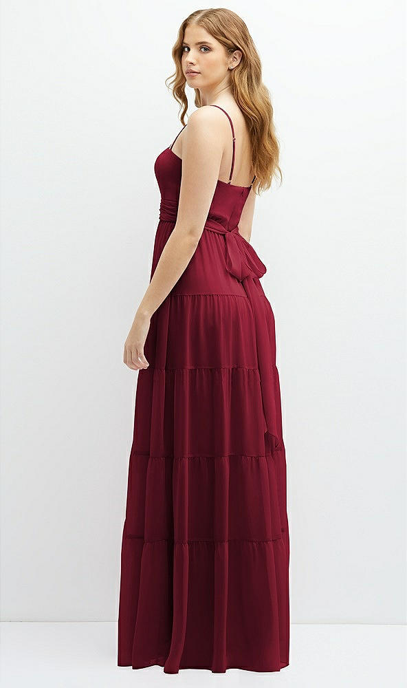 Back View - Burgundy Modern Regency Chiffon Tiered Maxi Dress with Tie-Back