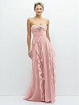 Front View Thumbnail - Rose Strapless Vertical Ruffle Chiffon Maxi Dress with Flower Detail