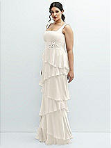 Side View Thumbnail - Ivory Asymmetrical Tiered Ruffle Chiffon Maxi Dress with Handworked Flowers Detail