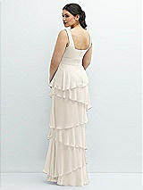 Rear View Thumbnail - Ivory Asymmetrical Tiered Ruffle Chiffon Maxi Dress with Handworked Flowers Detail