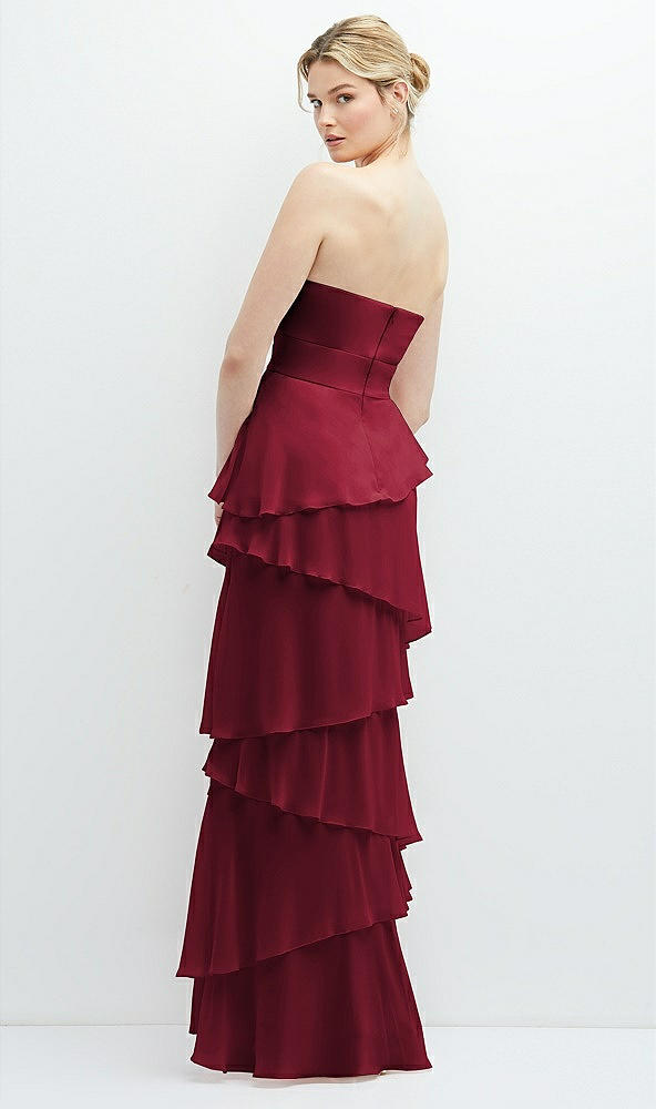 Back View - Burgundy Strapless Asymmetrical Tiered Ruffle Chiffon Maxi Dress with Handworked Flower Detail
