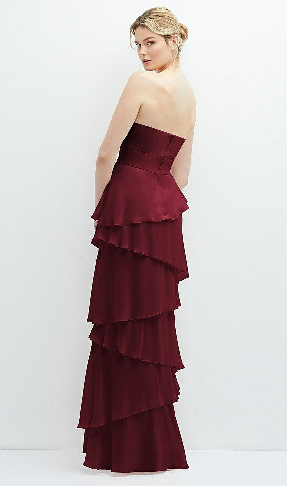Back View - Cabernet Strapless Asymmetrical Tiered Ruffle Chiffon Maxi Dress with Handworked Flower Detail