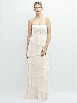 Front View Thumbnail - Ivory Strapless Asymmetrical Tiered Ruffle Chiffon Maxi Dress with Handworked Flower Detail
