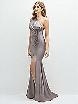 Side View Thumbnail - Cashmere Gray Asymmetrical Open-Back One-Shoulder Stretch Satin Mermaid Dress