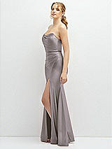 Side View Thumbnail - Cashmere Gray Strapless Basque-Neck Draped Stretch Satin Mermaid Dress with Horsehair Hem