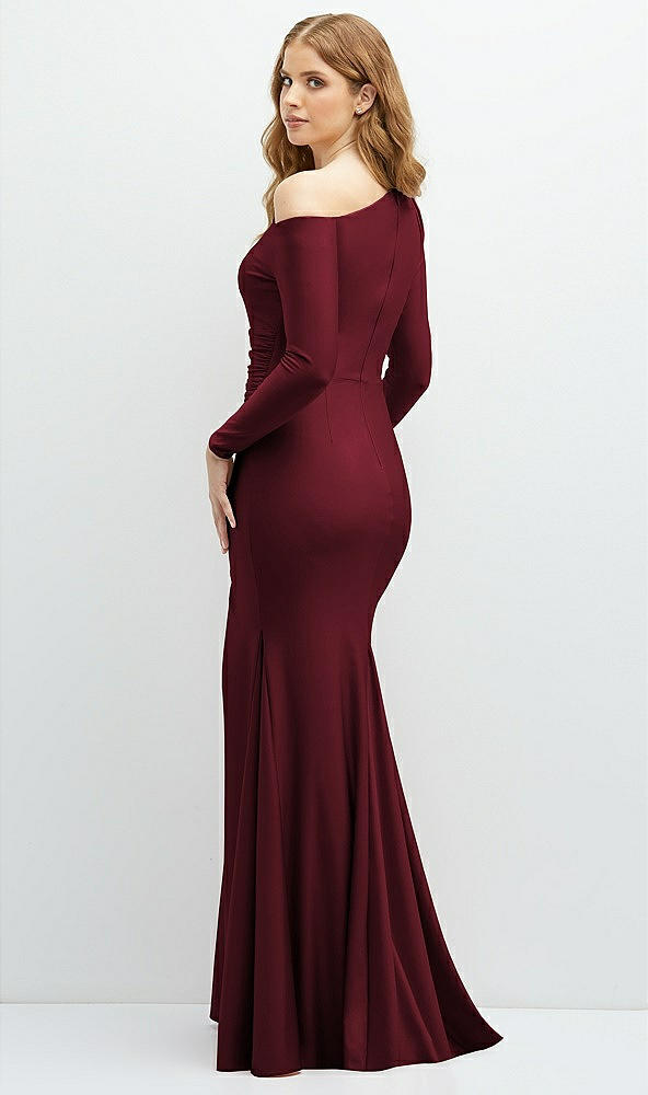 Back View - Cabernet Long Sleeve Cold-Shoulder Draped Stretch Satin Mermaid Dress with Horsehair Hem