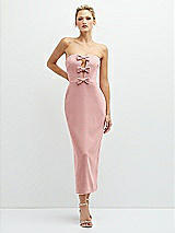 Front View Thumbnail - Rose Rhinestone Bow Trimmed Peek-a-Boo Deep-V Midi Dress with Pencil Skirt