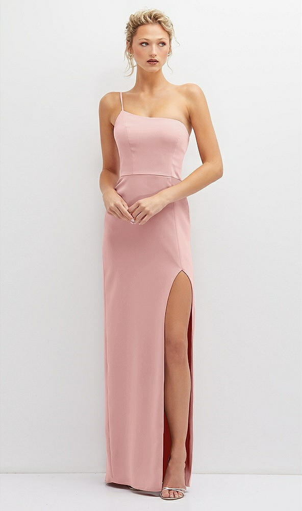 Front View - Rose Sleek One-Shoulder Crepe Column Dress with Cut-Away Slit