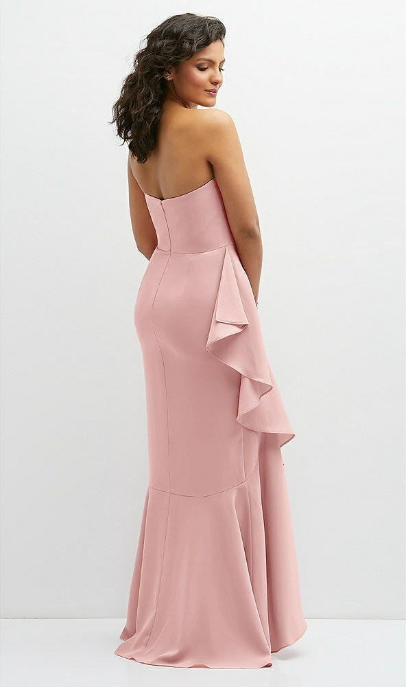 Back View - Rose Strapless Crepe Maxi Dress with Ruffle Edge Bias Wrap Skirt