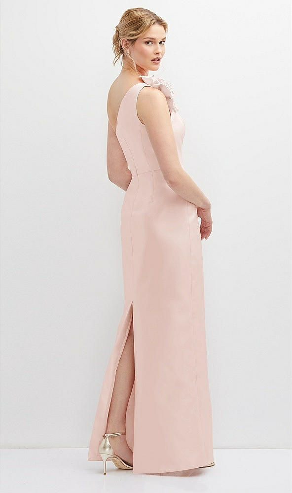 Back View - Blush Oversized Flower One-Shoulder Satin Column Dress