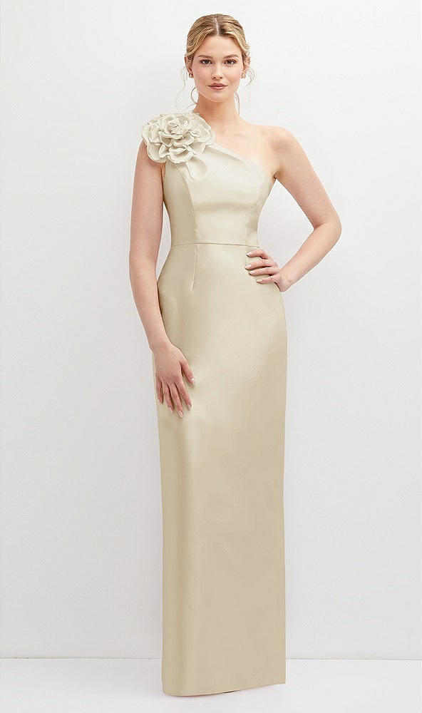 Front View - Champagne Oversized Flower One-Shoulder Satin Column Dress