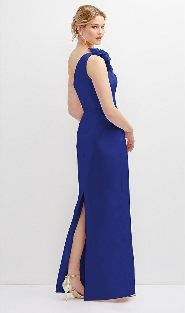 Back View - Cobalt Blue Oversized Flower One-Shoulder Satin Column Dress