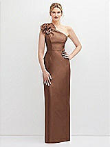 Front View Thumbnail - Cognac Oversized Flower One-Shoulder Satin Column Dress