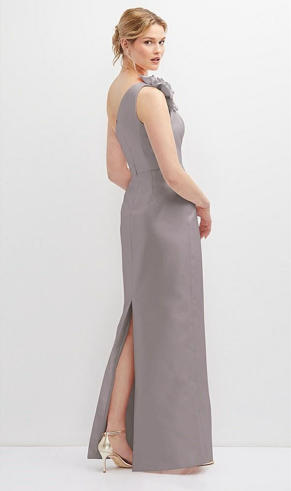Back View - Cashmere Gray Oversized Flower One-Shoulder Satin Column Dress