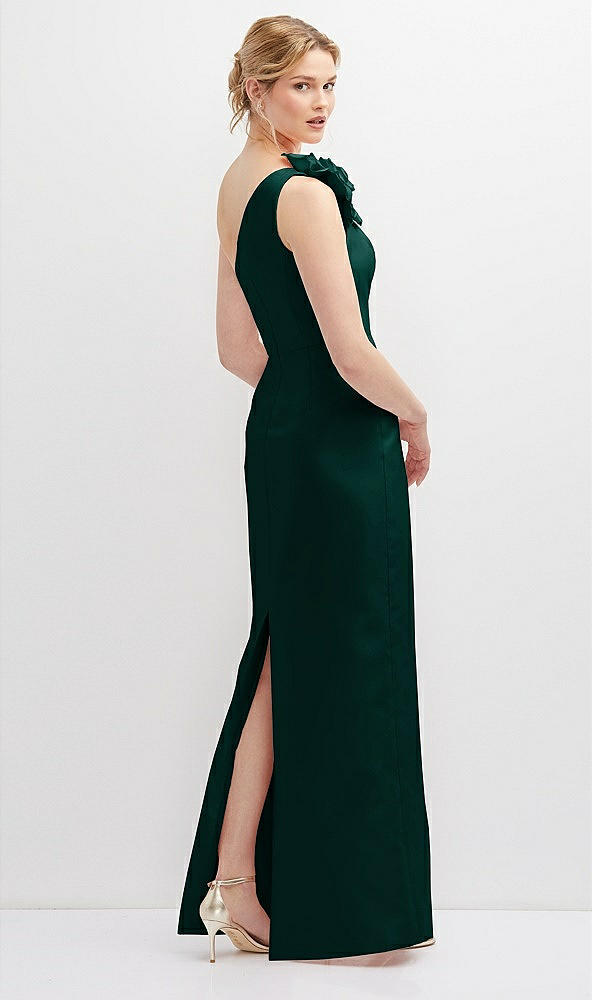 Back View - Evergreen Oversized Flower One-Shoulder Satin Column Dress