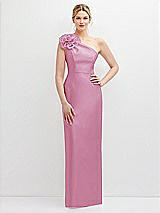 Front View Thumbnail - Powder Pink Oversized Flower One-Shoulder Satin Column Dress