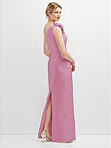 Rear View Thumbnail - Powder Pink Oversized Flower One-Shoulder Satin Column Dress