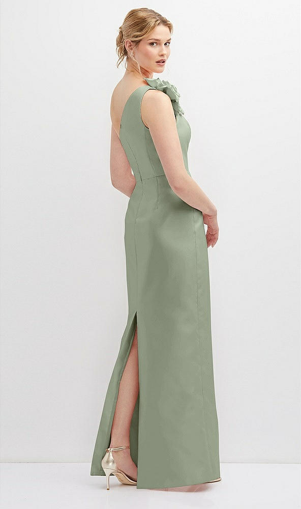 Back View - Sage Oversized Flower One-Shoulder Satin Column Dress