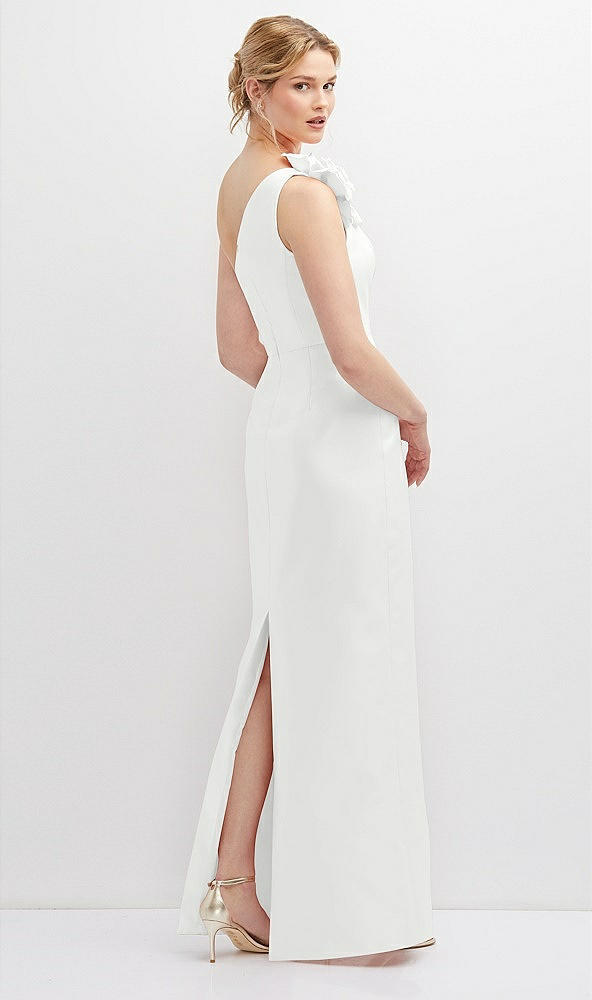 Back View - White Oversized Flower One-Shoulder Satin Column Dress