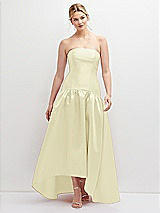 Front View Thumbnail - Butter Yellow Strapless Fitted Satin High Low Dress with Shirred Ballgown Skirt