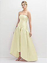 Side View Thumbnail - Butter Yellow Strapless Fitted Satin High Low Dress with Shirred Ballgown Skirt