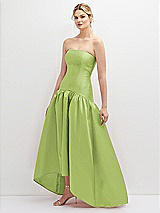 Side View Thumbnail - Mojito Strapless Fitted Satin High Low Dress with Shirred Ballgown Skirt