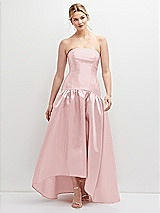 Front View Thumbnail - Ballet Pink Strapless Fitted Satin High Low Dress with Shirred Ballgown Skirt