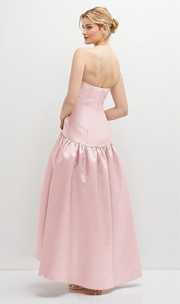 Back View - Ballet Pink Strapless Fitted Satin High Low Dress with Shirred Ballgown Skirt