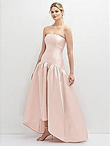 Side View Thumbnail - Blush Strapless Fitted Satin High Low Dress with Shirred Ballgown Skirt