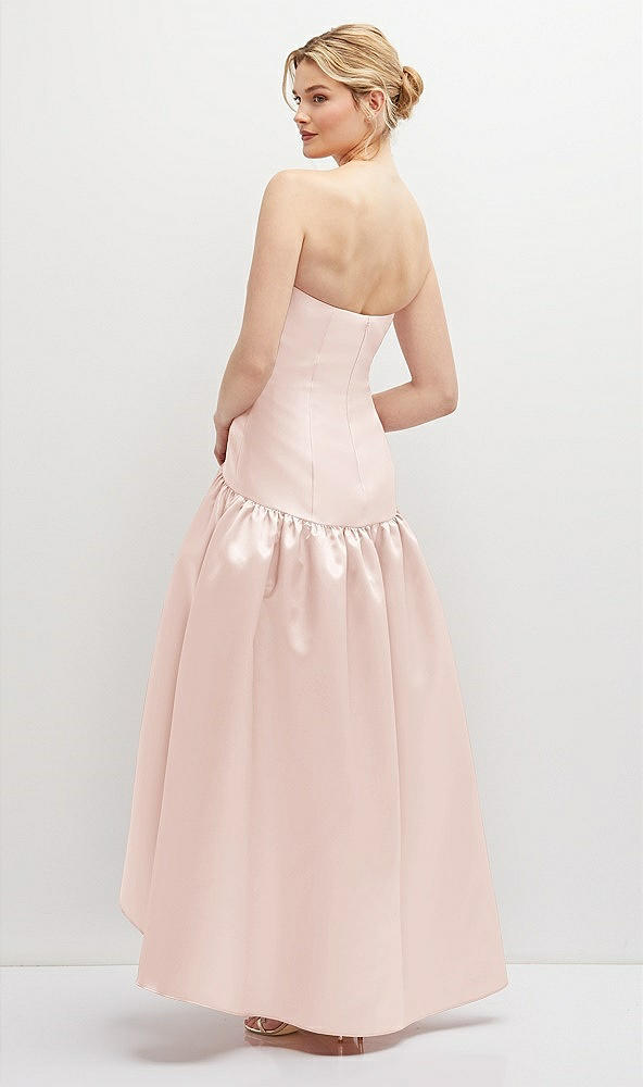 Back View - Blush Strapless Fitted Satin High Low Dress with Shirred Ballgown Skirt