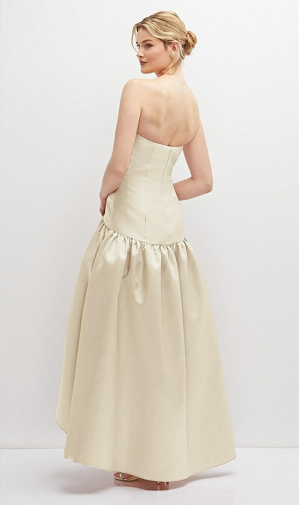 Back View - Champagne Strapless Fitted Satin High Low Dress with Shirred Ballgown Skirt