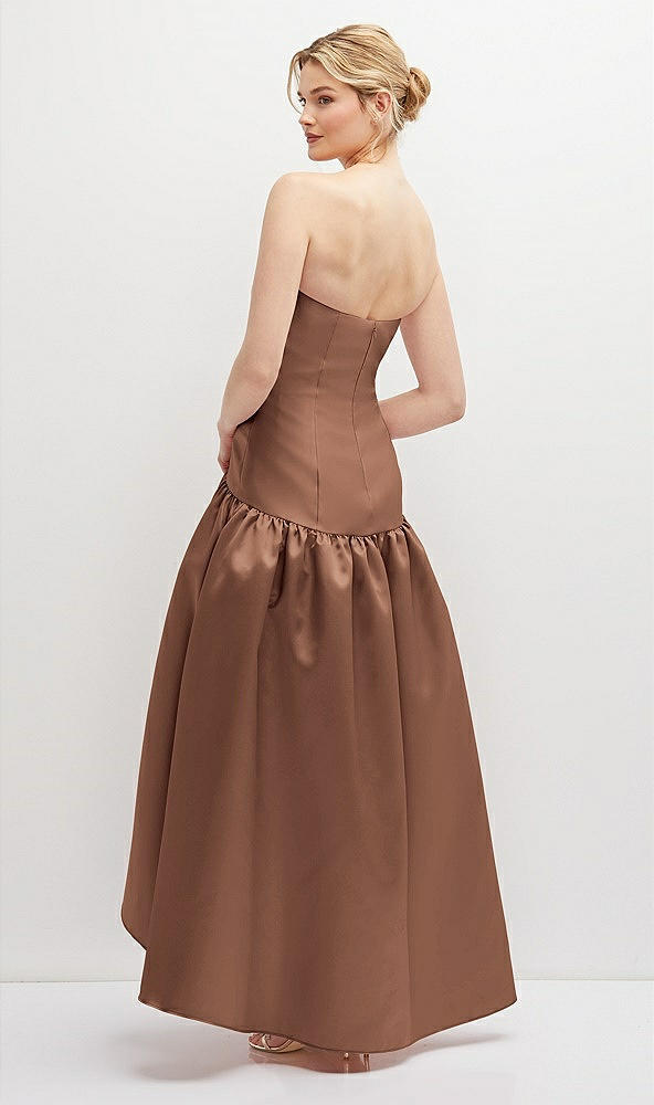 Back View - Cognac Strapless Fitted Satin High Low Dress with Shirred Ballgown Skirt