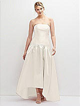 Front View Thumbnail - Ivory Strapless Fitted Satin High Low Dress with Shirred Ballgown Skirt