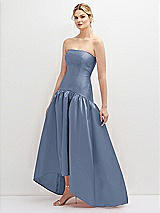 Side View Thumbnail - Larkspur Blue Strapless Fitted Satin High Low Dress with Shirred Ballgown Skirt