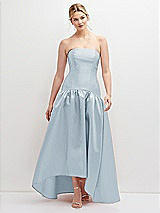 Front View Thumbnail - Mist Strapless Fitted Satin High Low Dress with Shirred Ballgown Skirt