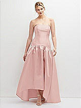 Front View Thumbnail - Rose Strapless Fitted Satin High Low Dress with Shirred Ballgown Skirt
