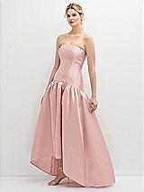 Side View Thumbnail - Rose Strapless Fitted Satin High Low Dress with Shirred Ballgown Skirt
