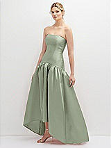 Side View Thumbnail - Sage Strapless Fitted Satin High Low Dress with Shirred Ballgown Skirt