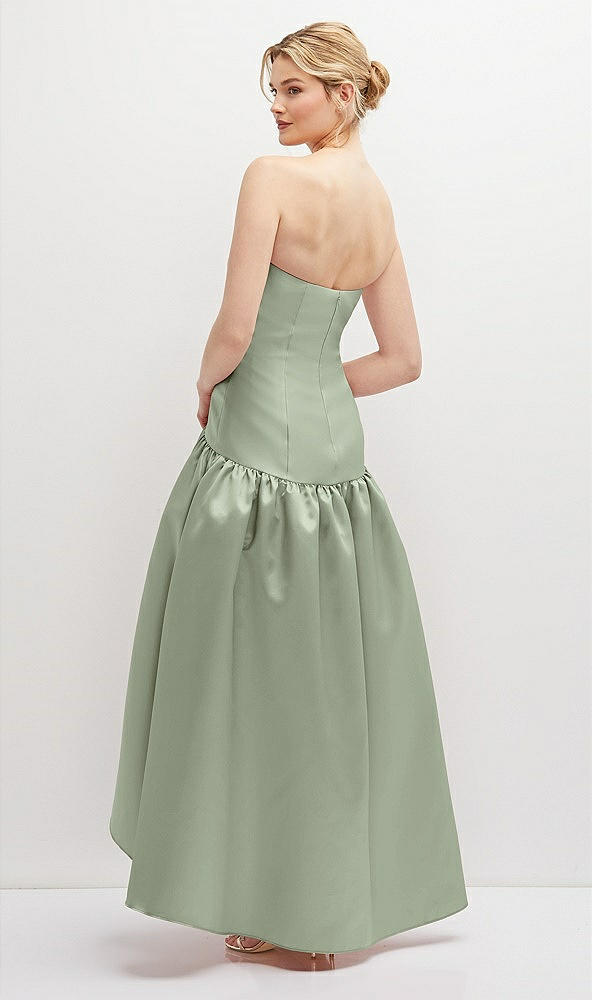 Back View - Sage Strapless Fitted Satin High Low Dress with Shirred Ballgown Skirt