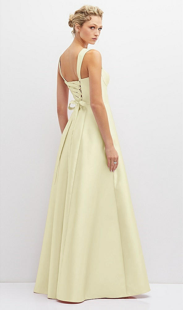Back View - Butter Yellow Lace-Up Back Bustier Satin Dress with Full Skirt and Pockets
