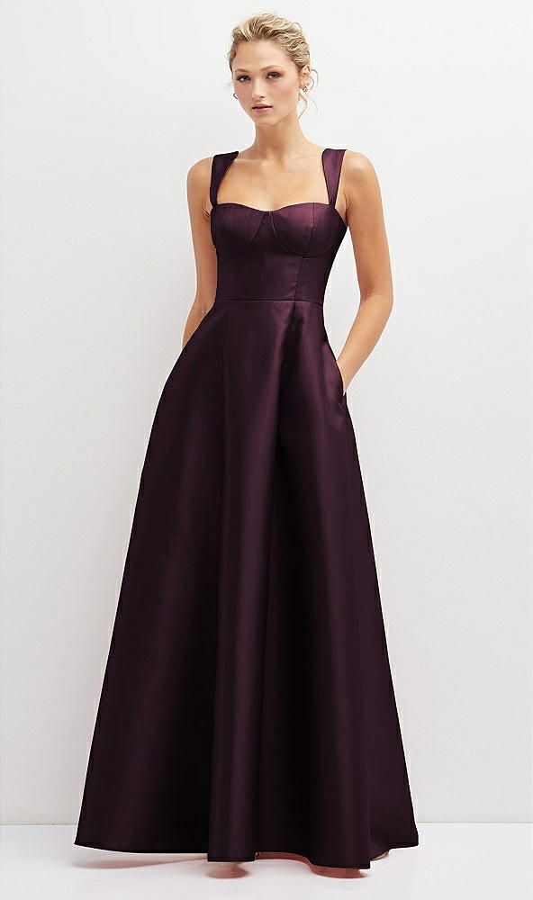 Front View - Deep Plum Lace-Up Back Bustier Satin Dress with Full Skirt and Pockets