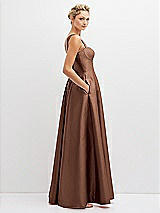 Side View Thumbnail - Cognac Lace-Up Back Bustier Satin Dress with Full Skirt and Pockets