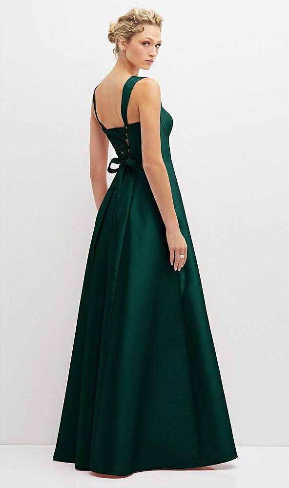 Back View - Evergreen Lace-Up Back Bustier Satin Dress with Full Skirt and Pockets