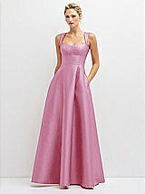 Front View Thumbnail - Powder Pink Lace-Up Back Bustier Satin Dress with Full Skirt and Pockets