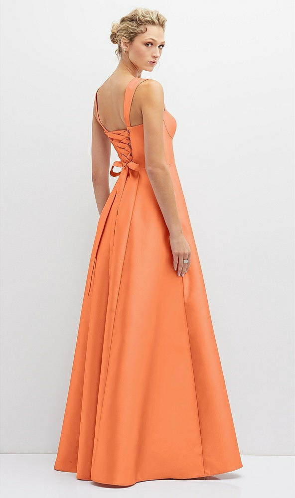 Back View - Portofino Orange Lace-Up Back Bustier Satin Dress with Full Skirt and Pockets
