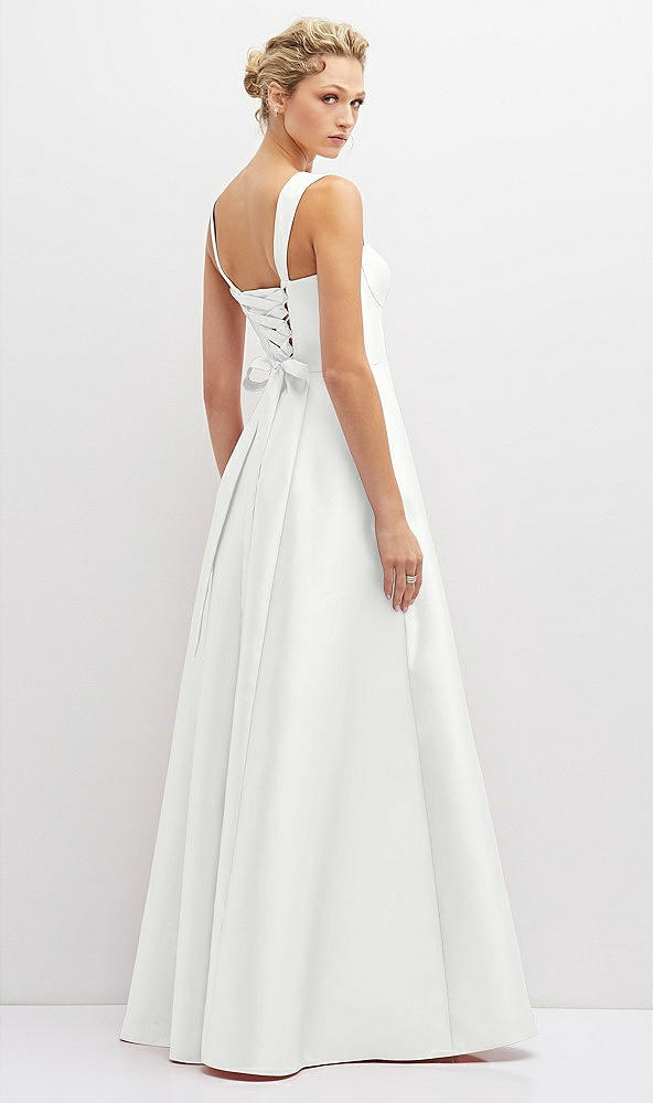 Back View - White Lace-Up Back Bustier Satin Dress with Full Skirt and Pockets