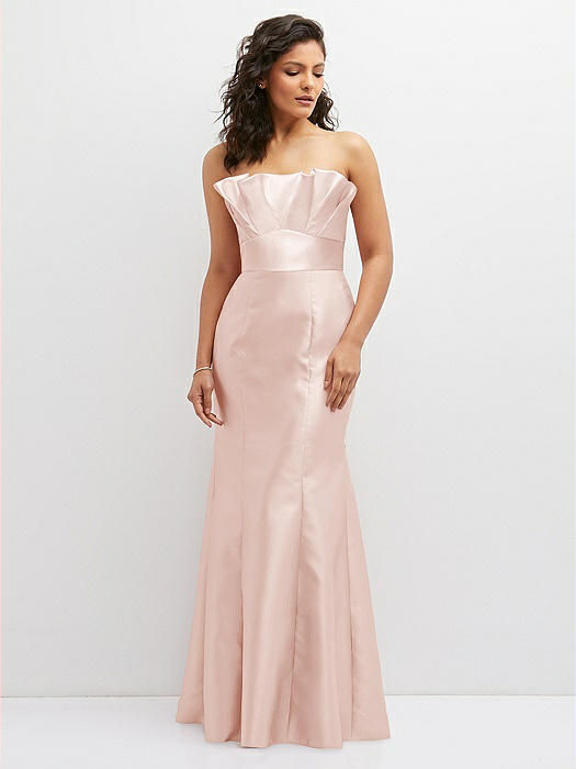 Strapless Satin Fit and Flare Dress with Crumb-Catcher Bodice