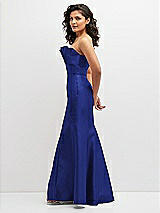 Side View Thumbnail - Cobalt Blue Strapless Satin Fit and Flare Dress with Crumb-Catcher Bodice